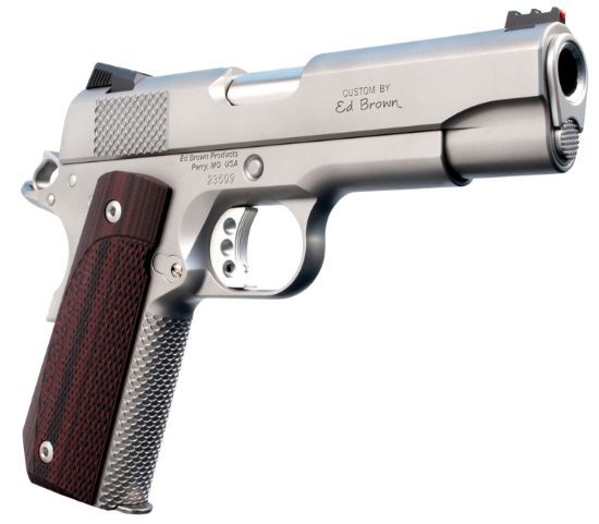 Picture of Ed Brown Kc18ss 1911 Kobra Carry Serrated Frame 45 Acp 7+1 4.25" Stainless Recessed Crown Barrel, Matte Stainless Serrated Steel Slide & Frame, Laminate Wood Grip, Right Hand 