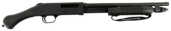 Picture of Mossberg 50649 590 Shockwave 410 Gauge 5+1 3" 14.375" Heavy Barrel, Blued Metal Finish, Dual Extractors, Drilled & Tapped Receiver, Corncob Forend W/Strap, Raptor Birdshead Grip Stock 