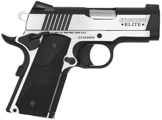 Picture of Colt Mfg O7082ce Combat Elite Commander Compact Frame 9Mm Luger 8+1, 3" Stainless Steel Barrel, Two-Tone Serrated Stainless Steel Slide & Frame W/Beavertail, Black Scalloped G10 Grip, Ambidextrous 