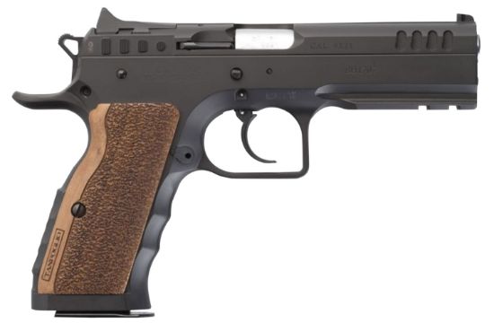 Picture of Tanfoglio Ifg Tfstocki9 Defiant Stock I 9Mm Luger Caliber With 4.50" Barrel, 16+1 Capacity, Overall Black Finish Steel, Picatinny Rail/Beavertail Frame, Serrated Slide & Wood Grip 