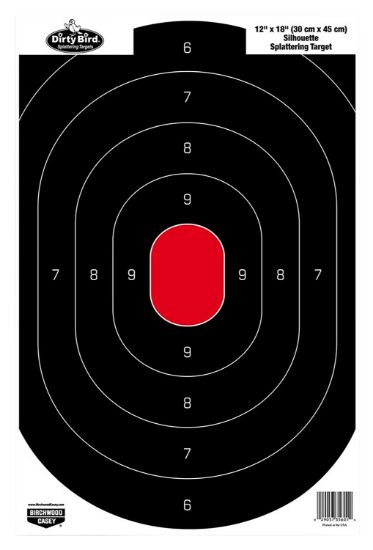 Picture of Birchwood Casey 35601 Dirty Bird Silhouette Tagboard Hanging Pistol 12" X 18" Black/Red White Impact Splatter 100 Per Pkg 