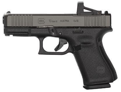 Picture of Glock Pa195s201mos G19 Gen5 Compact Mos 9Mm Luger 4.02" 10+1 Overall Black Finish With Ndlc Steel With Front Serrations & Mos Cuts Slide, Rough Texture Interchangeable Backstraps Grip & Fixed Sights 