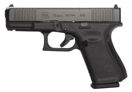 Picture of Glock Pa195s203mos G19 Gen5 Compact Mos 9Mm Luger 4.02" 15+1 Overall Black Finish With Ndlc Steel With Front Serrations & Mos Cuts Slide, Rough Texture Interchangeable Backstraps Grip & Fixed Sights 