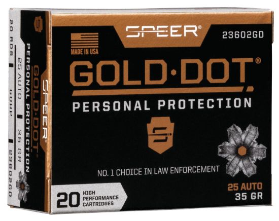 Picture of Speer 23602Gd Gold Dot Personal Protection 25 Acp 35 Gr Hollow Point 20 Per Box/ 10 Case 