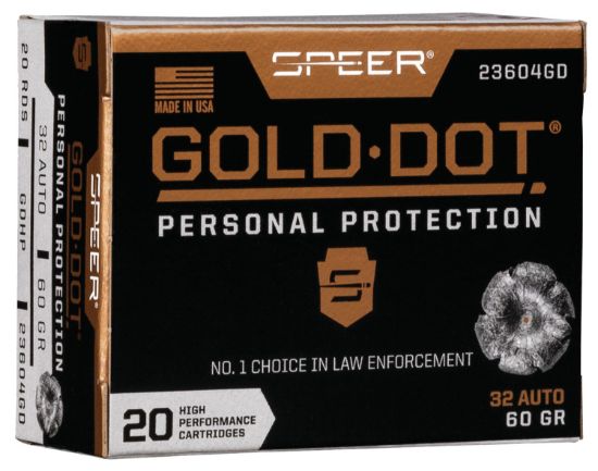 Picture of Speer 23604Gd Gold Dot Personal Protection 32 Acp 60 Gr Hollow Point 20 Per Box/ 10 Case 