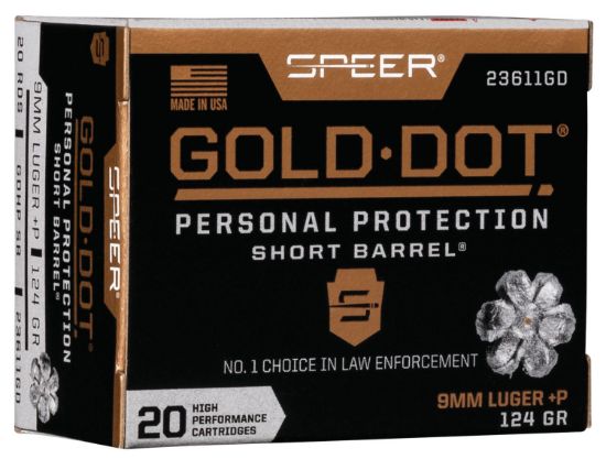 Picture of Speer 23611Gd Gold Dot Personal Protection Short Barrel 9Mm Luger +P 124 Gr Hollow Point 20 Per Box/ 10 Case 