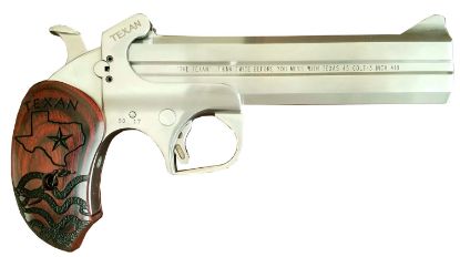 Picture of Bond Arms Batx Texan Derringer Single 45 Colt (Lc)/410 Gauge 2Rd, 6" Stainless Steel Double Barrel & Frame, Blade Front/Fixed Rear Sights, Custom Engraved Rosewood Grip, Manual Safety 