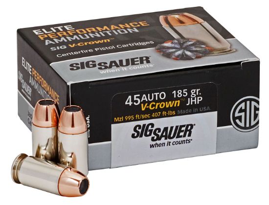 Picture of Sig Sauer E45ap050 Elite Performance 45 Acp 185 Gr V Crown Jacketed Hollow Point 50 Per Box/10 Case 