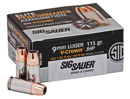 Picture of Sig Sauer E9mma150 Elite Performance 9Mm Luger 115 Gr V Crown Jacketed Hollow Point 50 Per Box/ 10 Case 