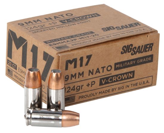 Picture of Sig Sauer E9mma2pm1720 Military Grade M17 9Mm Luger +P 124 Gr V Crown Jacketed Hollow Point 20 Per Box/ 10 Case 