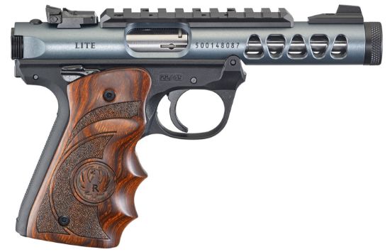 Picture of Ruger 43921 Mark Iv 22/45 *Ma Compliant 22 Lr 10+1 4.40" Satin Stainless Steel Barrel, Diamond Gray Anodized Ventilated Aluminum W/Picatinny Rail Slide, Contoured Wood Laminate Grip 