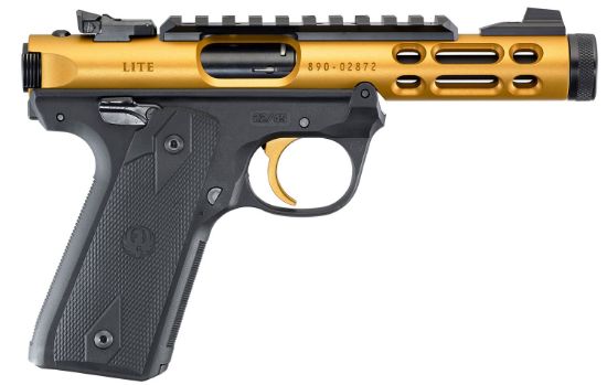 Picture of Ruger 43926 Mark Iv 22/45 22 Lr 10+1 4.40" Black Steel/Threaded Barrel, Gold Anodized Ventilated Aluminum W/Picatinny Rail Slide, Checkered 1911-Style Panel Grip 