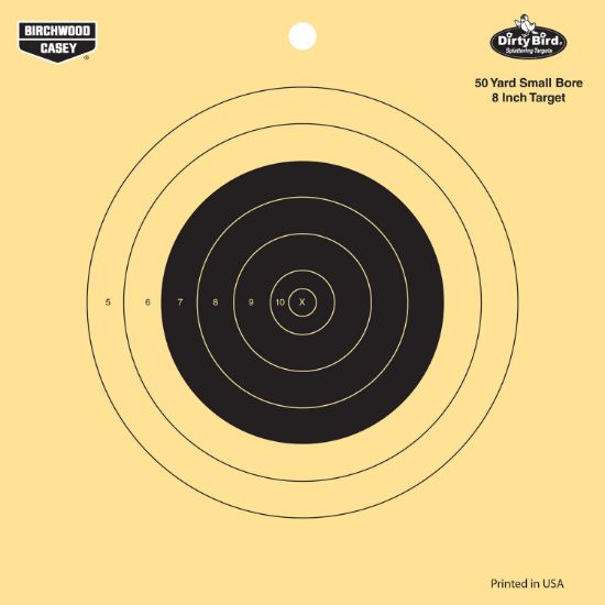 Picture of Birchwood Casey 35815 Dirty Bird 8" Bullseye Tagboard Hanging 50 Yds Small Bore Rifle Black/Yellow 25 Per Pkg 