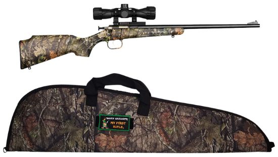 Picture of Crickett Ksa2163bsc Youth Package 22 Lr 1Rd 16.12" Blued Barrel/Receiver, Mossy Oak Break-Up Synthetic Stock, Rebounding Firing Pin Safety Includes 4X32mm Scope, Scope Mount & Soft Case 