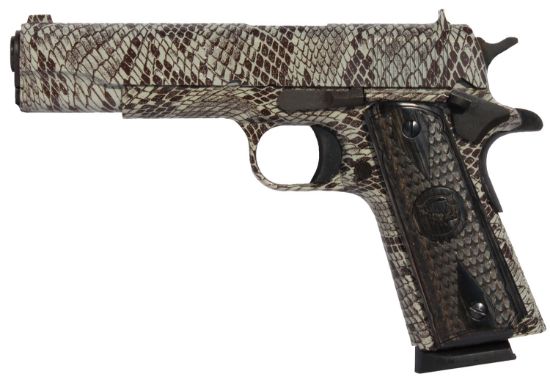 Picture of Iver Johnson Arms 1911A1copperhead 1911 A1 Copperhead 45 Acp 8+1 5" Black Steel Barrel, Tan Snakeskin Hydrographic Serrated Steel Slide & Frame W/Beavertail, Black Snakeskin Diamondwood Grip 