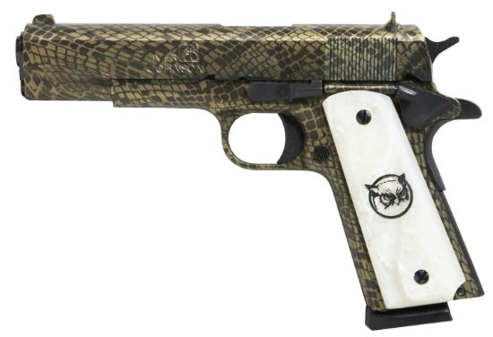 Picture of Iver Johnson Arms 1911A1watermoccasin 1911 A1 Water Moccasin 45 Acp 8+1 5" Black Steel Barrel, Green Snakeskin Hydrographic Serrated Steel Slide & Frame W/Beavertail, White Synthetic Pearl Grip 