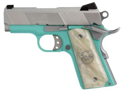 Picture of Iver Johnson Arms Thrashertb9 1911 Thrasher Officer 70 Series 9Mm Luger 3.13" 8+1 Tiffany Blue Cerakote Silver Cerakote White Synthetic Pearl Grip 