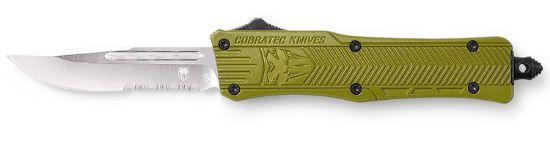 Picture of Cobratec Knives Sodctk1sds Ctk-1 Small 2.75" Otf Drop Point Part Serrated D2 Steel Blade/Od Green Aluminum Handle Features Glass Breaker Includes Pocket Clip 