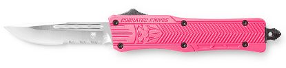 Picture of Cobratec Knives Spkctk1sds Ctk-1 Small 2.75" Otf Drop Point Part Serrated D2 Steel Blade/ Pink Aluminum Handle Features Glass Breaker Includes Pocket Clip 