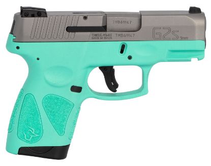 Picture of Taurus 1G2s939c G2s Compact Frame 9Mm Luger 7+1 3.26" Matte Stainless Steel Barrel, Matte Serrated Stainless Steel Slide, Cyan Polymer Frame W/Picatinny Rail & Polymer Grip, Right Hand 