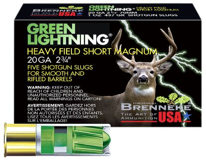 Picture of Brenneke Sl202hfsgl Green Lightning Heavy Field Short Magnum 20 Gauge 2.75" 1 Oz Slug Shot 5 Per Box/ 50 Case 