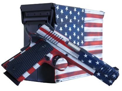 Picture of Citadel Citc45fusaac M1911 Flag 45 Acp 8+1, 5" Stainless Steel Barrel, American Flag Cerakote Serrated Steel Slide, Steel Frame W/Beavertail, Features Matching Ammo Can, Ambidextrous 