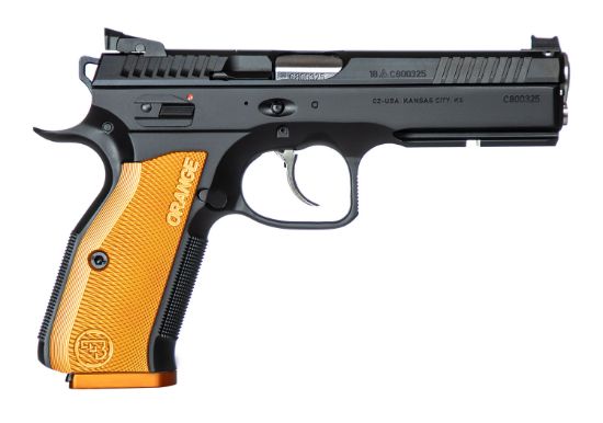 Picture of Cz-Usa 91249 Shadow 2 9Mm Luger 17+1 4.89" Stainless Steel Barrel, Black Nitride Serrated Steel Slide, Black Polycoat Steel Frame W/Beavertail & Picatinny Rail, Orange Aluminum Grip, Ambidextrous 