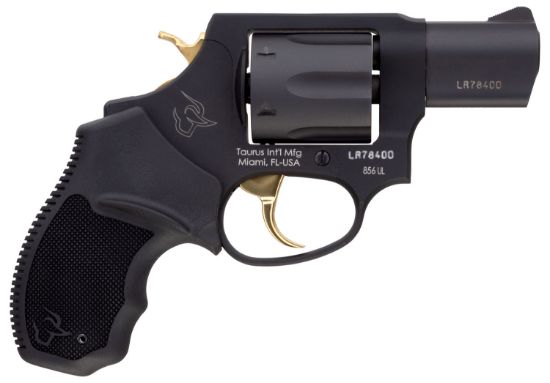 Picture of Taurus 2-856021Ulgld 856 Ultra-Lite 38 Special Caliber With 2" Barrel, 6Rd Capacity Cylinder, Overall Matte Black Metal Finish, Gold Trigger/Hammer Frame & Finger Grooved Black Rubber Grip 