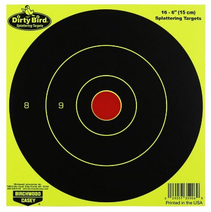 Picture of Birchwood Casey 35906 Dirty Bird 6" Bullseye Paper Hanging Pistol/Rifle Black/Yellow 16 Per Pkg 