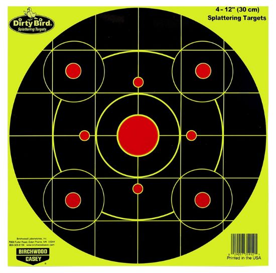 Picture of Birchwood Casey 35925 Dirty Bird 12" Bullseye Paper Hanging Pistol/Rifle Black/Yellow 25 Per Pkg 