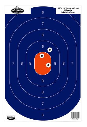 Picture of Birchwood Casey 35720 Dirty Bird Silhouette Tagboard Hanging Pistol 12" X 18" Blue/Orange White Impact Splatter 50 Per Pkg 