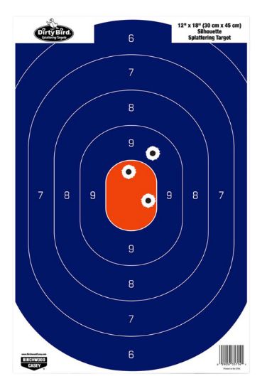 Picture of Birchwood Casey 35720 Dirty Bird Silhouette Tagboard Hanging Pistol 12" X 18" Blue/Orange White Impact Splatter 50 Per Pkg 