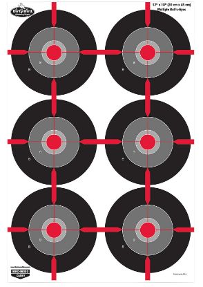 Picture of Birchwood Casey 35705 Dirty Bird Multiple Bullseye Tagboard Hanging Pistol 12" X 18" Black/Red/Gray White Impact Splatter 8 Per Pkg 