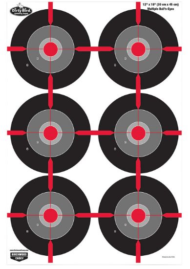 Picture of Birchwood Casey 35705 Dirty Bird Multiple Bullseye Tagboard Hanging Pistol 12" X 18" Black/Red/Gray White Impact Splatter 8 Per Pkg 