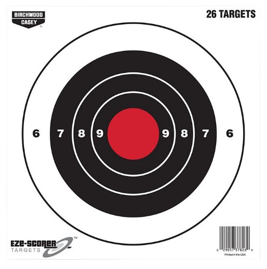 Picture of Birchwood Casey 37826 Eze-Scorer 8" Bullseye Paper Hanging Black/Red 26 Per Pkg 