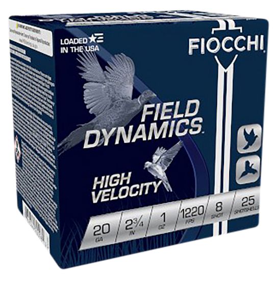 Picture of Fiocchi 20Hv8 Field Dynamics High Velocity 20 Gauge 2.75" 1 Oz 8 Shot 25 Per Box/ 10 Case 