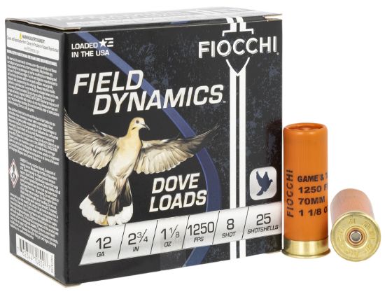 Picture of Fiocchi 12Gtx188 Field Dynamics Dove & Quail 12 Gauge 2.75" 1 1/8 Oz 8 Shot 25 Per Box/ 10 Case 