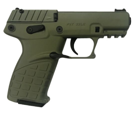 Picture of Kel-Tec P17grn P17 22 Lr 16+1 3.80" Black Threaded Barrel, Od Green Serrated Slide & Polymer Frame W/Picatinny Rail Frame, Black Polymer Grip Ambidextrous 