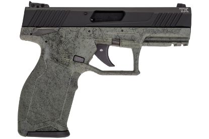 Picture of Taurus 1Tx22141sp210 Tx22 22 Lr 10+1 4.10" Black Anodized Serrated Slide, Green W/Black Splatter Polymer Frame W/Picatinny Rail, Green Black Splatter Polymer Grips 