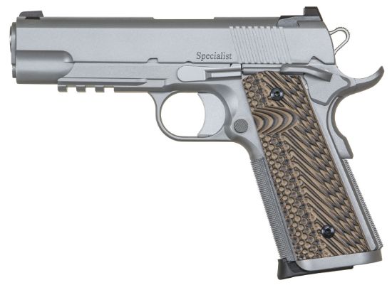 Picture of Dan Wesson 01809 Specialist Commander 45 Acp 8+1 4.25" Stainless Steel Barrel, Bead Blasted Serrated Stainless Steel Slide & Frame W/Beavertail & Picatinny Rail, Black/Brown G10 Grip, Ambidextrous 