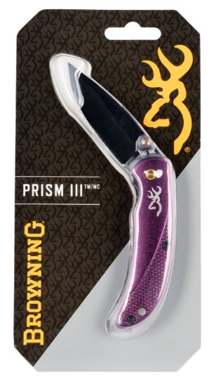 Picture of Browning 3220343 Prism 3 Edc Folding 2.38" Plain Black Oxide 7Cr17mov Ss Blade, Plum W/Brass Accents & Logo Anodized Aluminum Handle, Includes Pocket Clip 