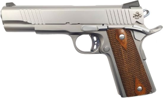 Picture of Rock Island 51414 Rock Standard Fs *Ca Compliant 45 Acp Caliber With 5" Barrel, 8+1 Capacity, Overall Matte Stainless Steel Finish, Beavertail Frame, Serrated Slide & Double Checkered Wood Grip 