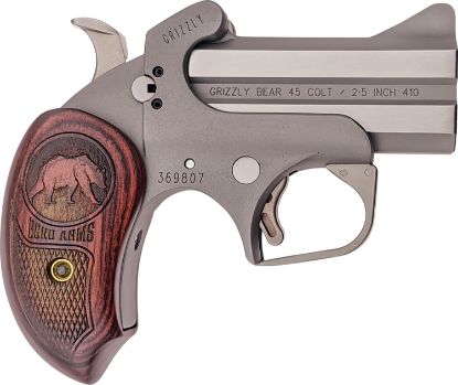 Picture of Bond Arms Bagr Grizzly 45 Colt (Lc)/410 Gauge 2Rd 3" Stainless Steel Double Barrel & Frame, Rebounding Hammer, Blade Front/Fixed Rear Sights, Rosewood Grips, Manual Safety 