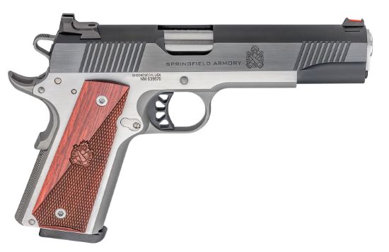 Picture of Springfield Armory Px9119l 1911 Ronin 9Mm Luger 9+1, 5" Stainless Match Grade Steel Barrel, Blued Serrated Carbon Steel Slide, Stainless Steel Frame W/Beavertail, Crossed Cannon Wood Grip 