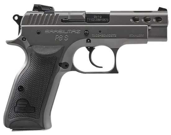 Picture of Sar Usa P8sst P8s Compact 9Mm Luger 17+1 3.80" Black Ported Steel Barrel, Stainless Steel Ported/Serrated Slide, Stainless Steel Frame W/Beavertail, Black Polymer Grip, Manual Thumb Safety, Right Hand