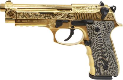 Picture of Eaa Girsan 390088 Regard Mc Deluxe 9Mm Luger 18+1, 4.90" Stainless Steel Barrel, Gold Plated Serrated W/Engraving Steel Slide & Aluminum Frame W/Picatinny Rail, Black G10 Grip, Ambidextrous 