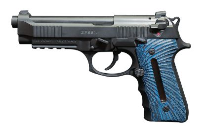 Picture of Eaa Girsan 390087 Regard Mc Sport Gen4 Full Size Frame 9Mm Luger 18+1, 4.90" Blued Steel Barrel & Serrated Steel Slide, Black Aluminum Frame W/Picatinny Rail Blue Finger Groove G10 Grip, Ambidextrous 