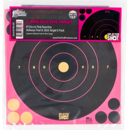 Picture of Pro-Shot 8Bpink6pk Splattershot Black/Pink Self-Adhesive Paper Impact Enhancement Bright Pink 8" Bullseye 6 Pack Includes Pasters 