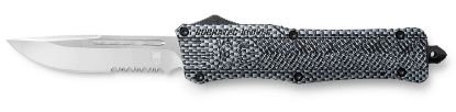 Picture of Cobratec Knives Lcfctk1lds Ctk-1 Large 3.75" Otf Drop Point Part Serrated D2 Steel Blade/ Carbon Fiber Aluminum Handle Features Glass Breaker Includes Pocket Clip 