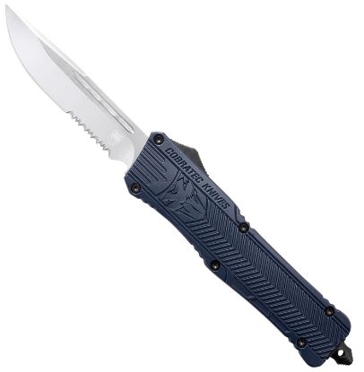 Picture of Cobratec Knives Lnyctk1lds Ctk-1 Large 3.75" Otf Drop Point Part Serrated D2 Steel Blade/ Nypd Blue Aluminum Handle Features Glass Breaker Includes Pocket Clip 